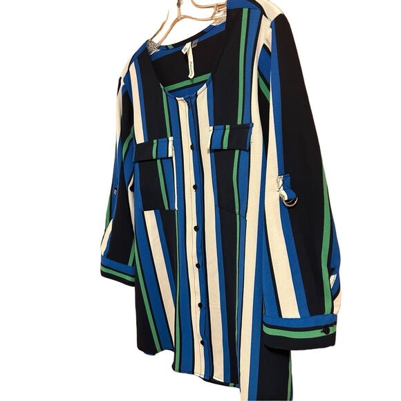 NY Collection Women’s Size L Button Down Striped Career Blouse Roll Tab Sleeves - Picture 3 of 13